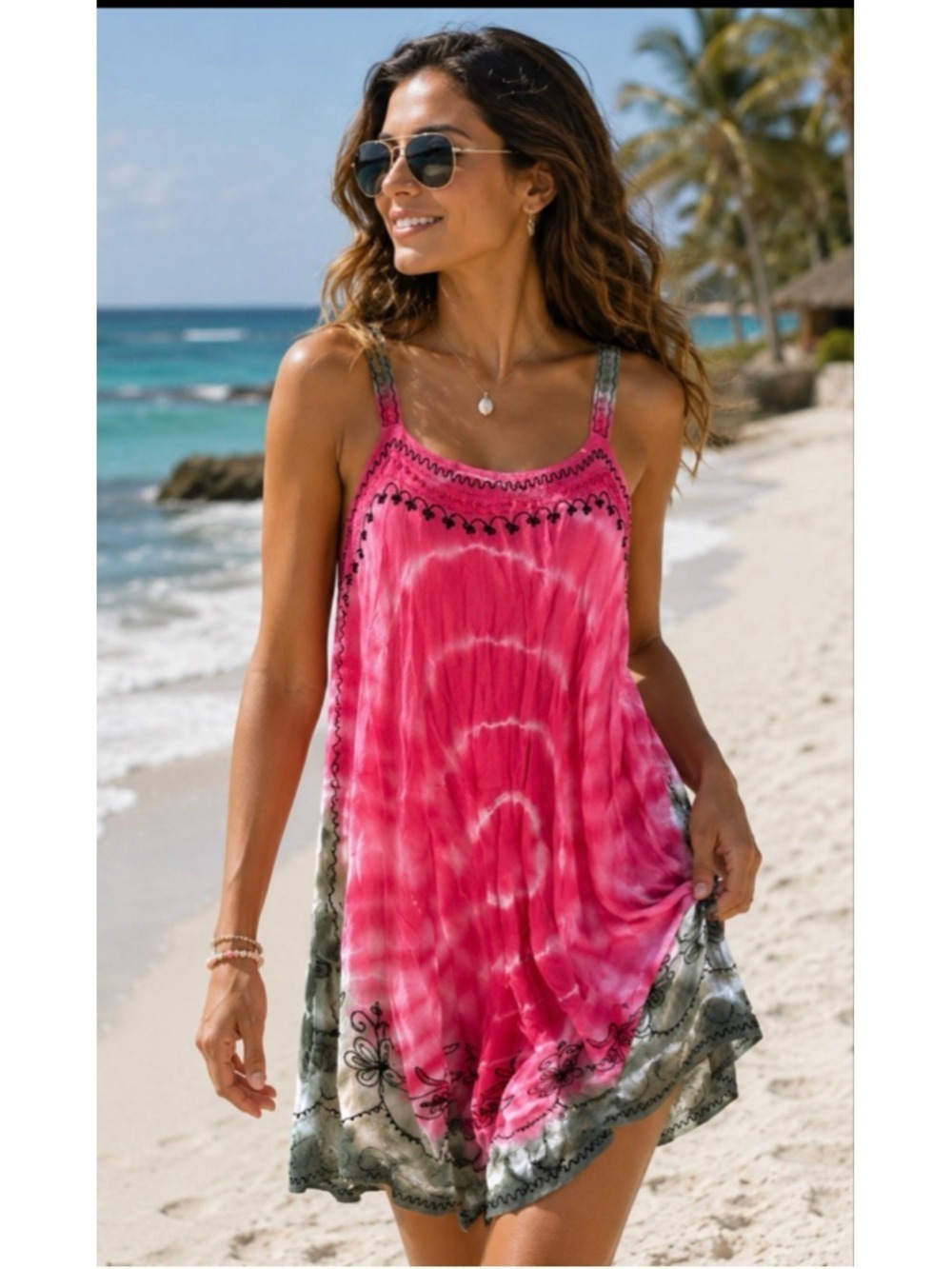 New SHORELINE Pink Green Tie-Dye Rayon Sundress S